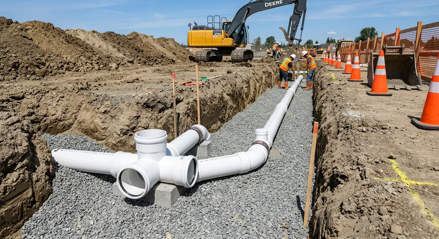 New PVC sewer pipe installation in open trench for Grease Trap Cleaning in Hawaiian Gardens