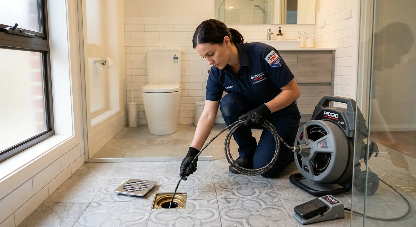 Technician clearing a bathroom floor drain for Drain Repair in Hawaiian Gardens
